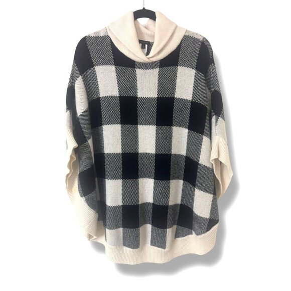 Talbots Lambswool Black Creme Buffalo‎ Check Plaid Poncho Size M Cape Sweater - Picture 1 of 6